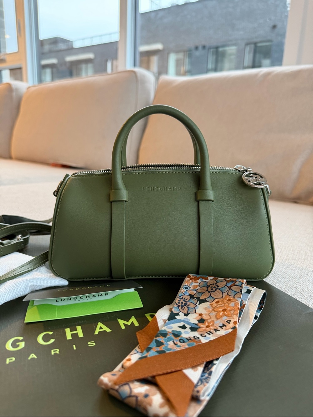 Longchamp Olive Green Leather S DAYLONG with Removable Strap + silk bag scarf